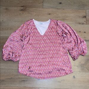 Summer 10  Pink and Orange Geometric Blouse balloon sleeve v neck long sleeve